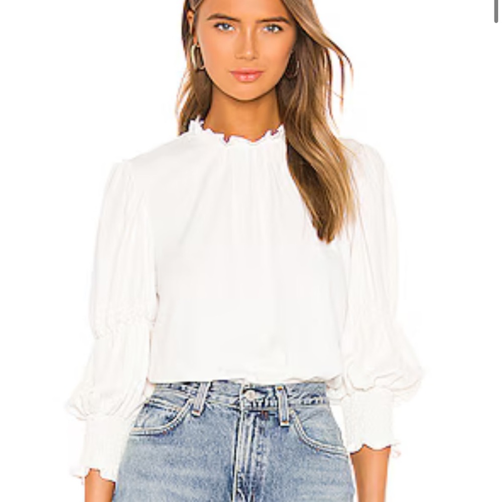 Amanda Uprichard Cream Ruffle-Neck Long Sleeve Blouse